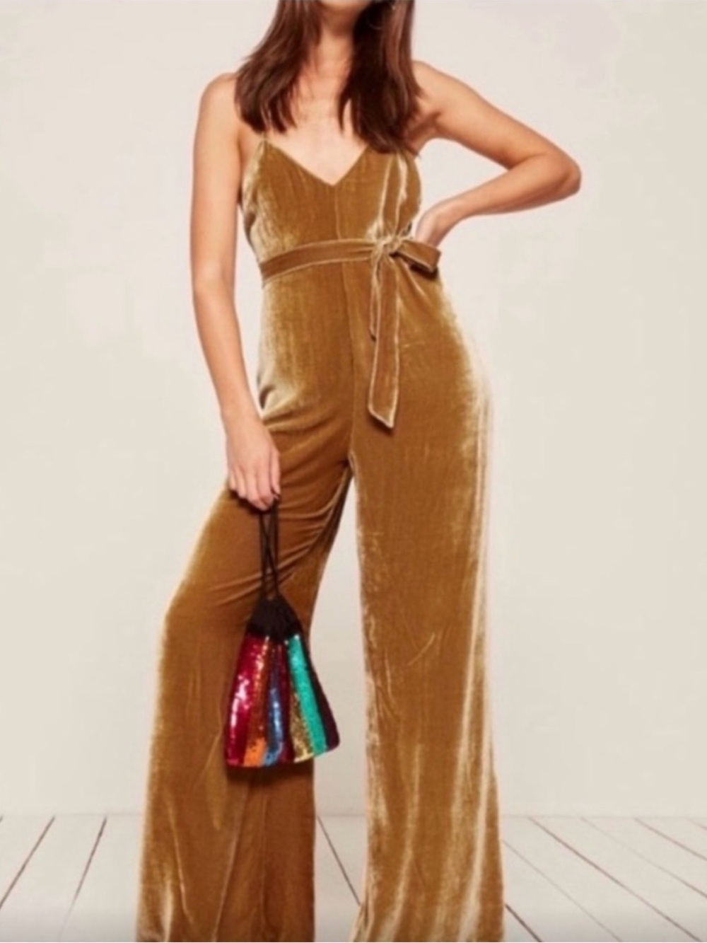 Reformation Gold Velvet Tie-Waist Wide-Leg Jumpsuit